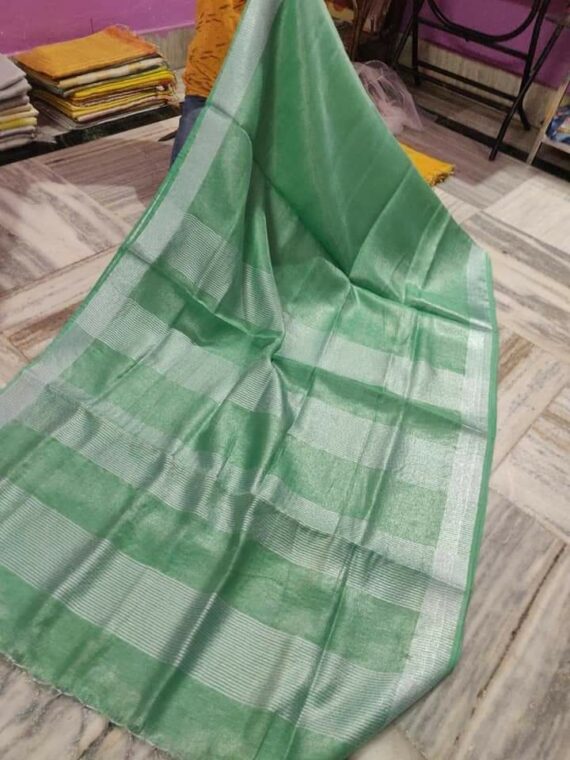 Light Teal Green Tissue Linen Saree With Silver Zari Border