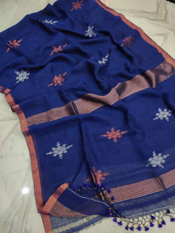 Mighty Dark Blue Silver Copper Motif Linen Jamdani Saree