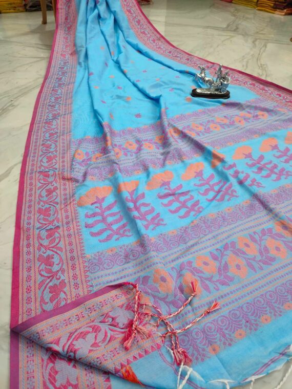 Ocean Blue Floral Design Weave Handloom Cotton Saree