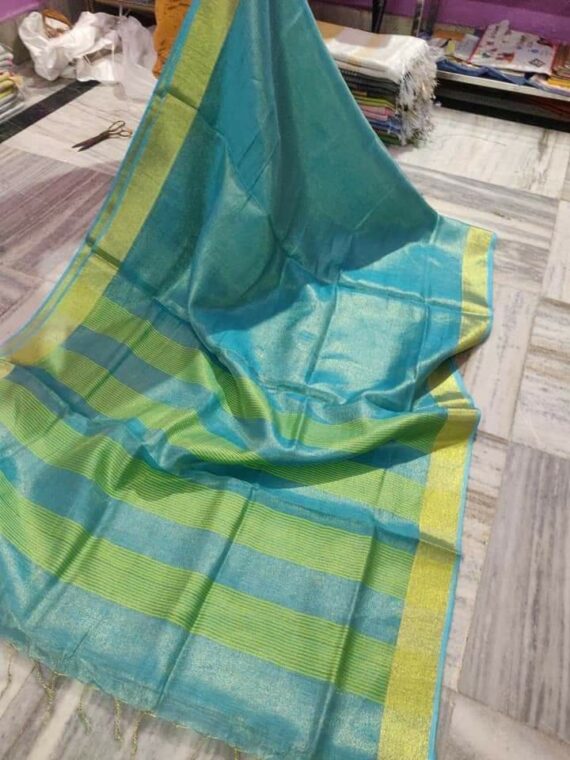 Ocean Blue Tissue Linen Saree With Golden Zari Border