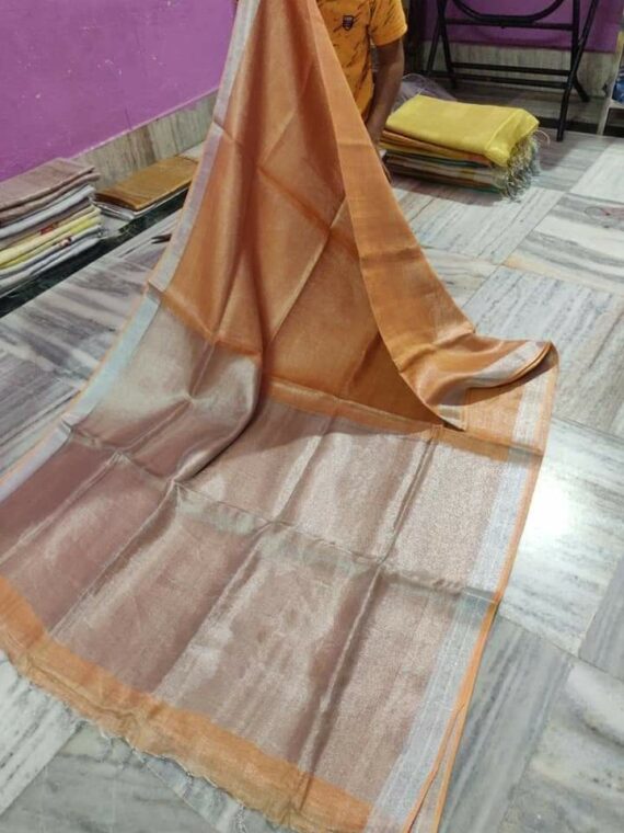 Orange Peach Tissue Linen Saree With Silver Zari Border