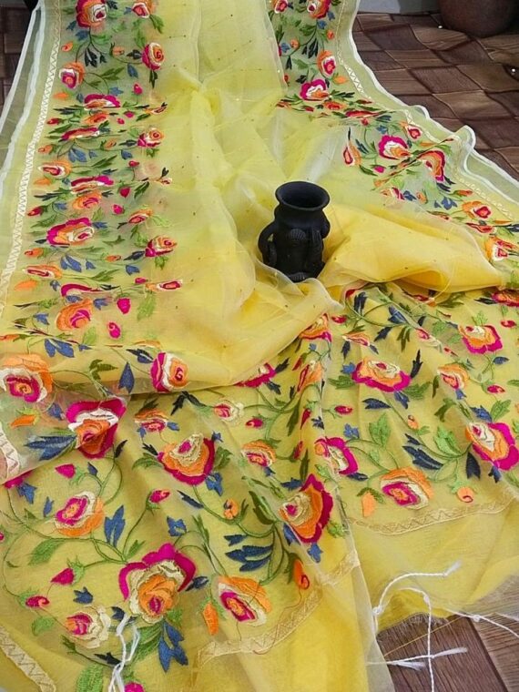 Pleasing Yellow Pure Resham Sequins Woven Muslin Rose Embroidery Saree