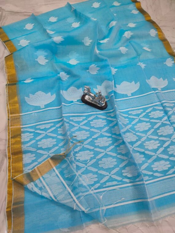 Sky Blue Tulip Design Handwoven Pure Resham Muslin Saree