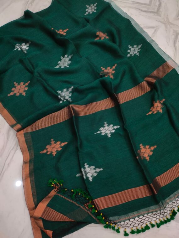 Splendid Bottle Green Silver Copper Motif Linen Jamdani Saree