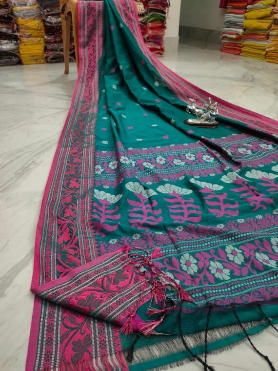 Striking Teal Green Floral Design Weave Handloom Cotton Saree