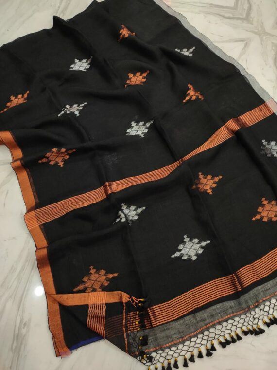 Strikingly Beautiful Black Silver Copper Motif Linen Jamdani Saree