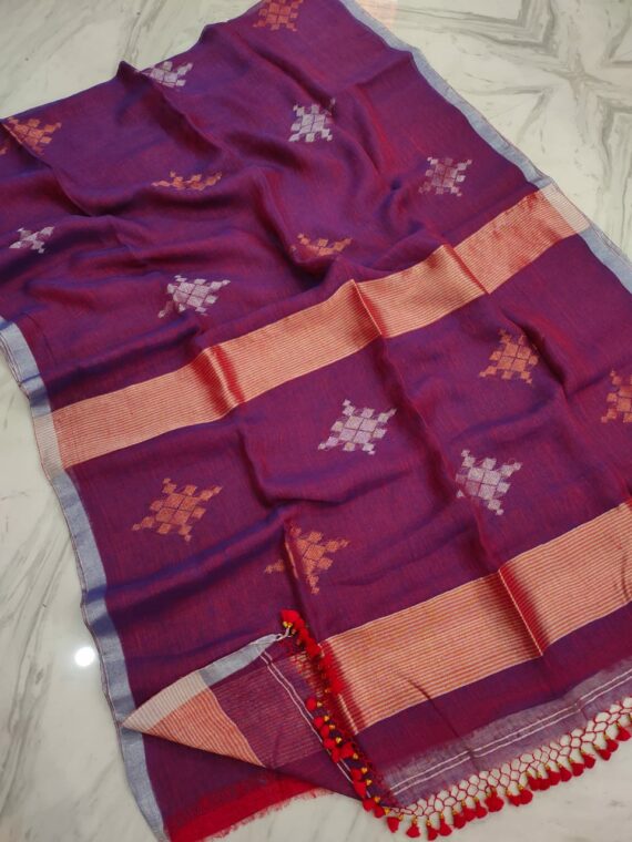 Stunning Purple Silver Copper Motif Linen Jamdani Saree