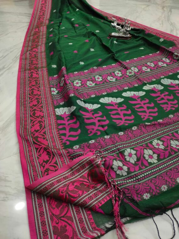 Supreem Dark Green Floral Design Weave Handloom Cotton Saree