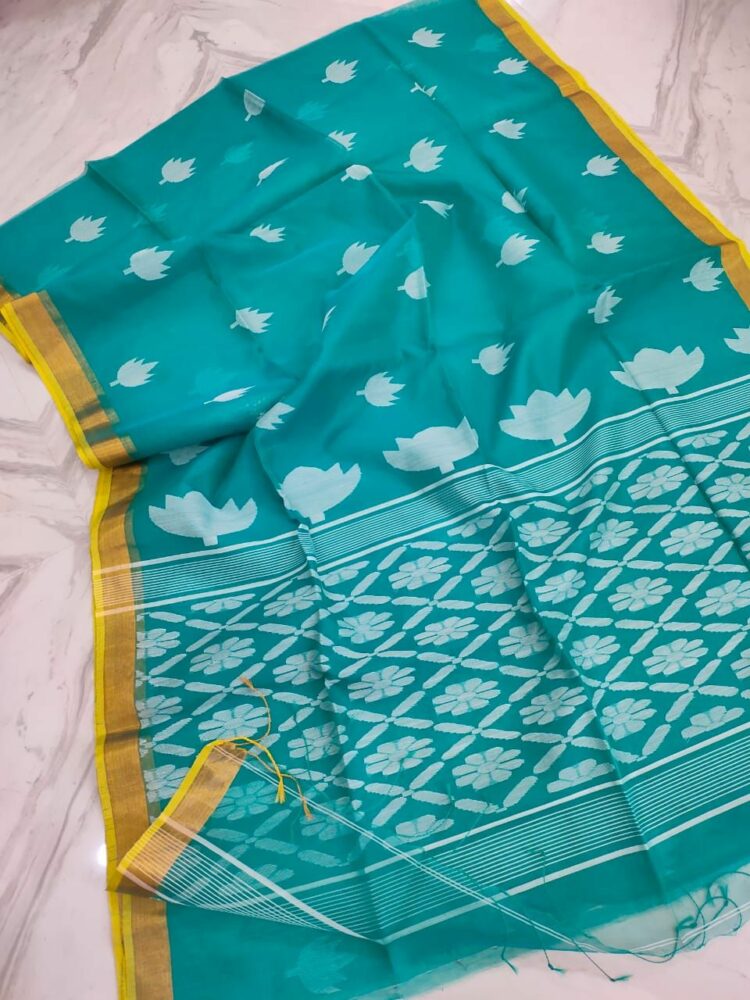 Turquoise Blue Tulip Design Handwoven Pure Resham Muslin Saree