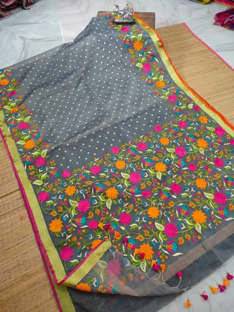 Floral Paisley Resham Embroidery Saree with Crystal Embellished Scalloped Border