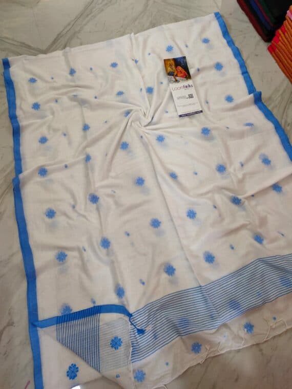 Awesome Snowy White Pure Cotton Star Butti Saree With Blue Borders