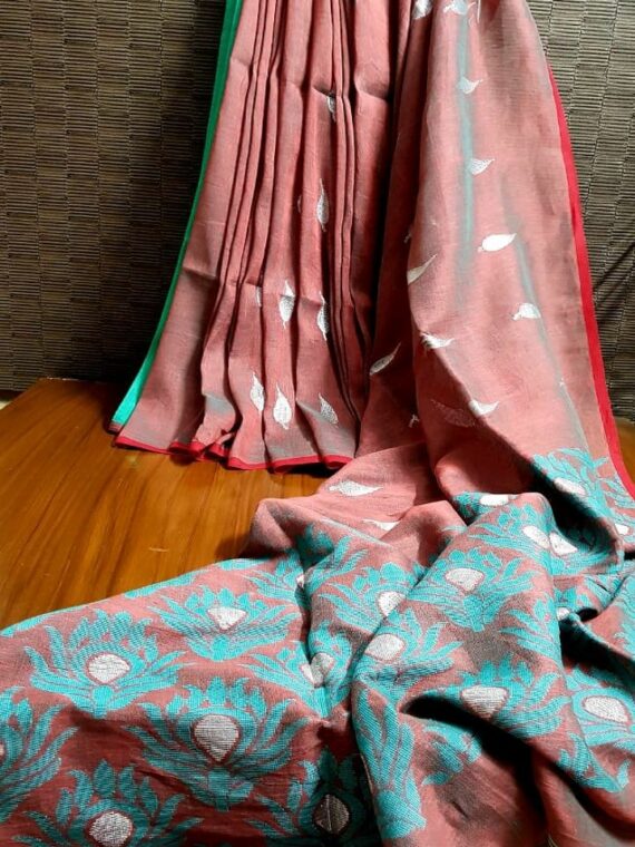 Blended Red Aqua Blue Dual Tone Linen Saree With Leaf Butti Weave