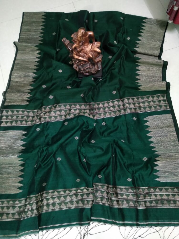 Breathtaking Bottle Green Pure Matka Giccha Handloom Silk Saree