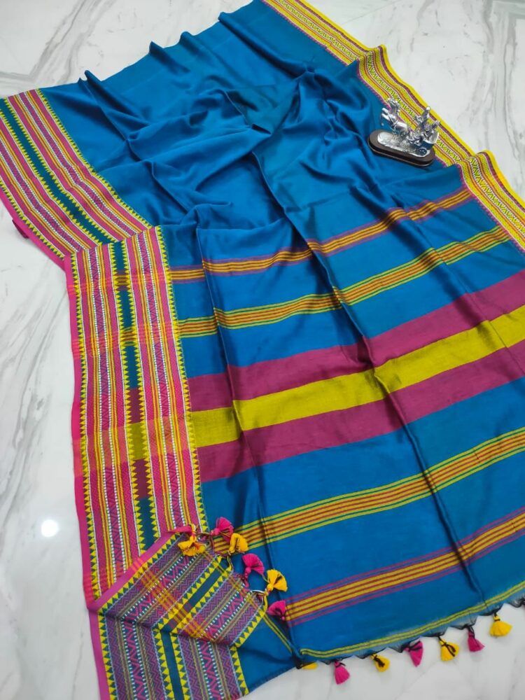 Bright Blue Manipuri Pattern Pure Cotton Handloom Saree