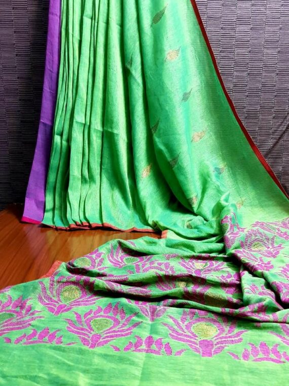 Bright Green Linen Saree With Leaf Butti Weave