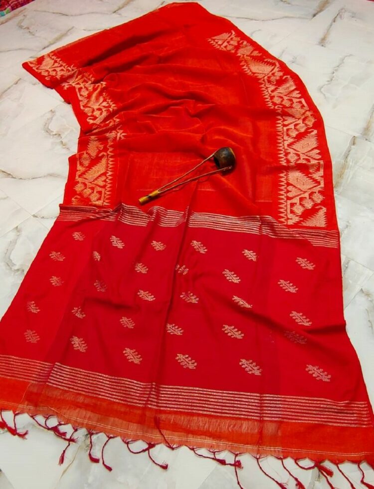 Bright Orange Dhakai Jamdani Weave Handloom Linen Saree