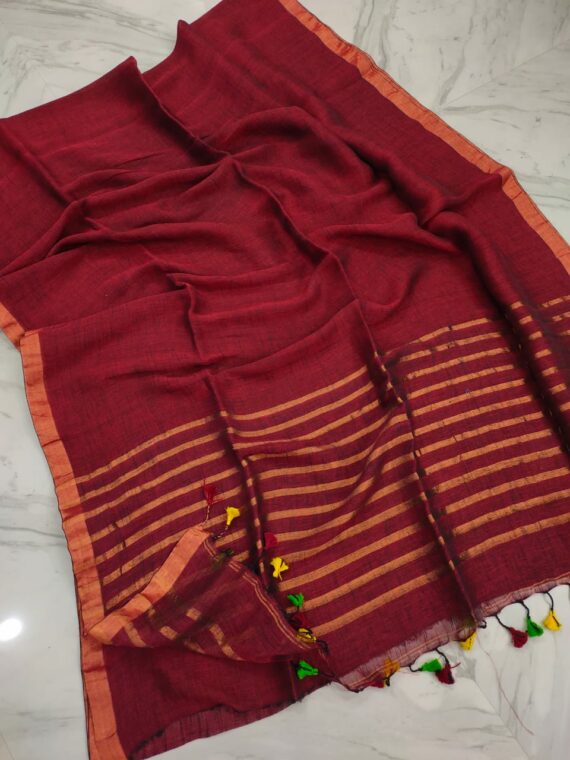 Brilliant Dark Brick Red Plain Linen With Stripped Pallu Contrast Thin Borders