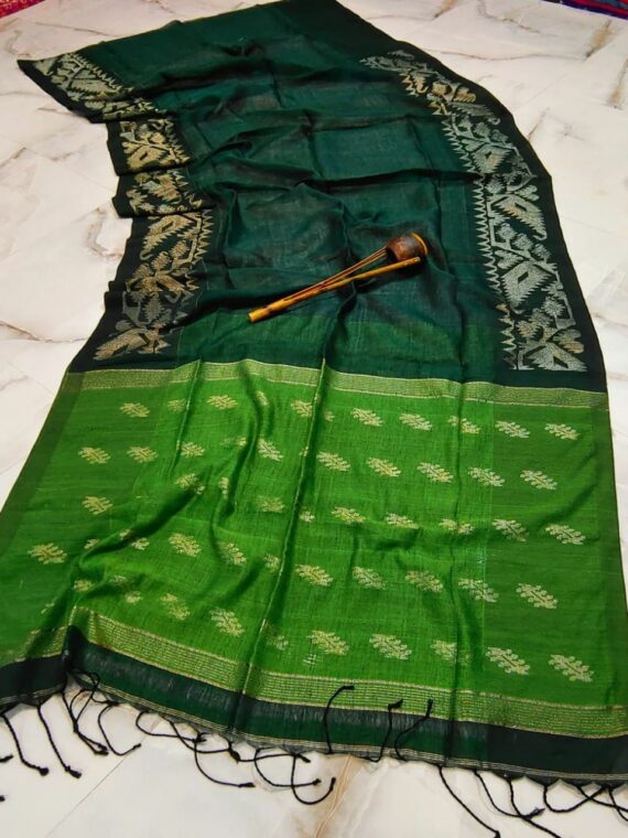 Dark Green Dhakai Jamdani Weave Handloom Linen Saree With Contrast Pallu