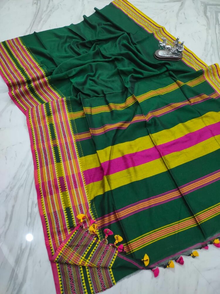 Dark Green Manipuri Pattern Pure Cotton Handloom Saree