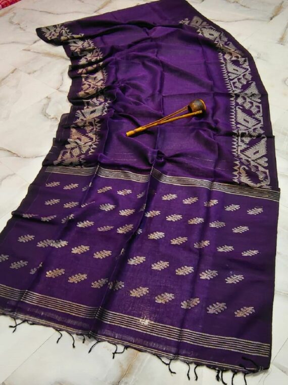 Dark Purple Dhakai Jamdani Weave Handloom Linen Saree