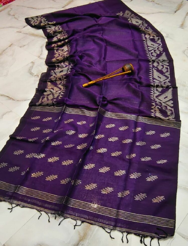 Dark Purple Dhakai Jamdani Weave Handloom Linen Saree