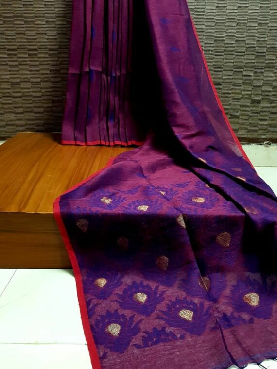 Dazzling Purple Dual Tone Linen Saree With Leaf Butti Weave