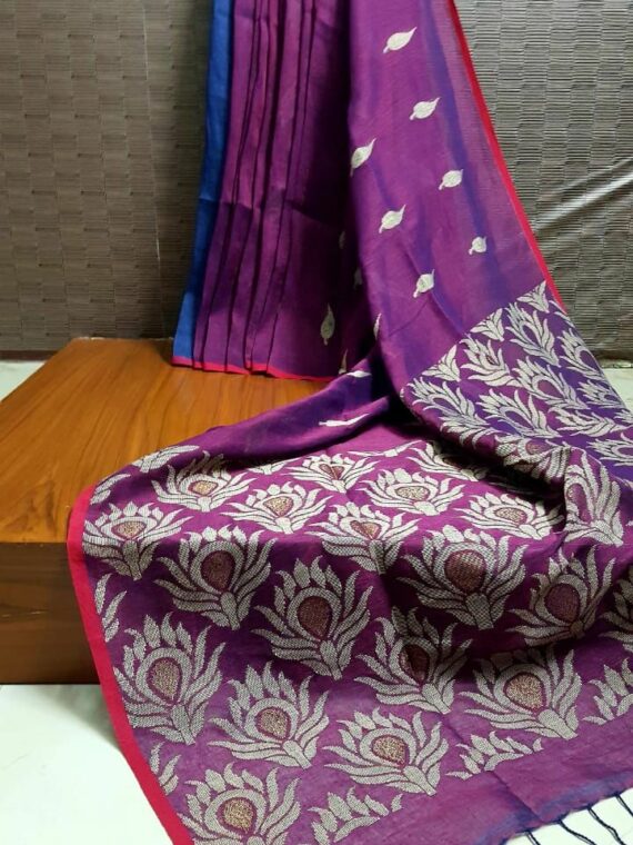 Elegant Purple Linen Saree With Leaf Butti Weave