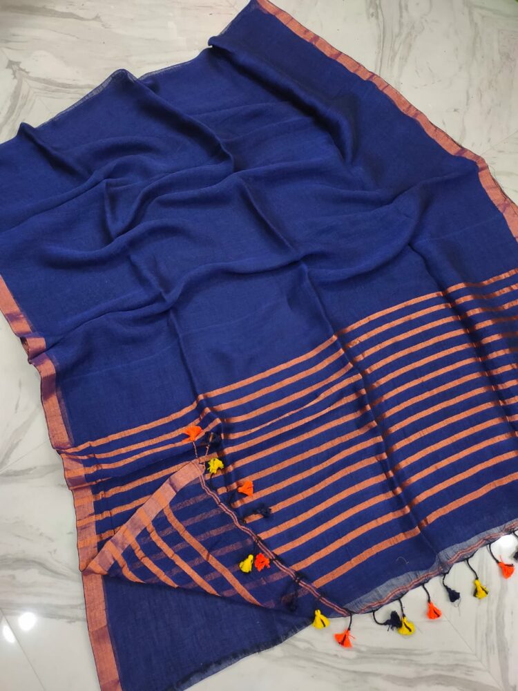 Enchanting Royal Blue Plain Linen With Stripped Pallu Contrast Thin Borders