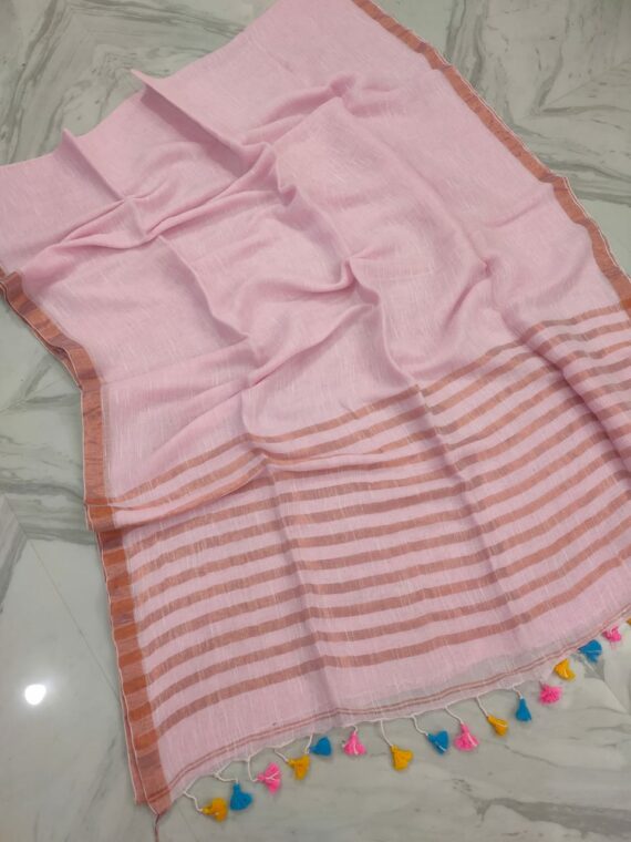 Gentle Pink Plain Linen With Stripped Pallu Contrast Thin Borders