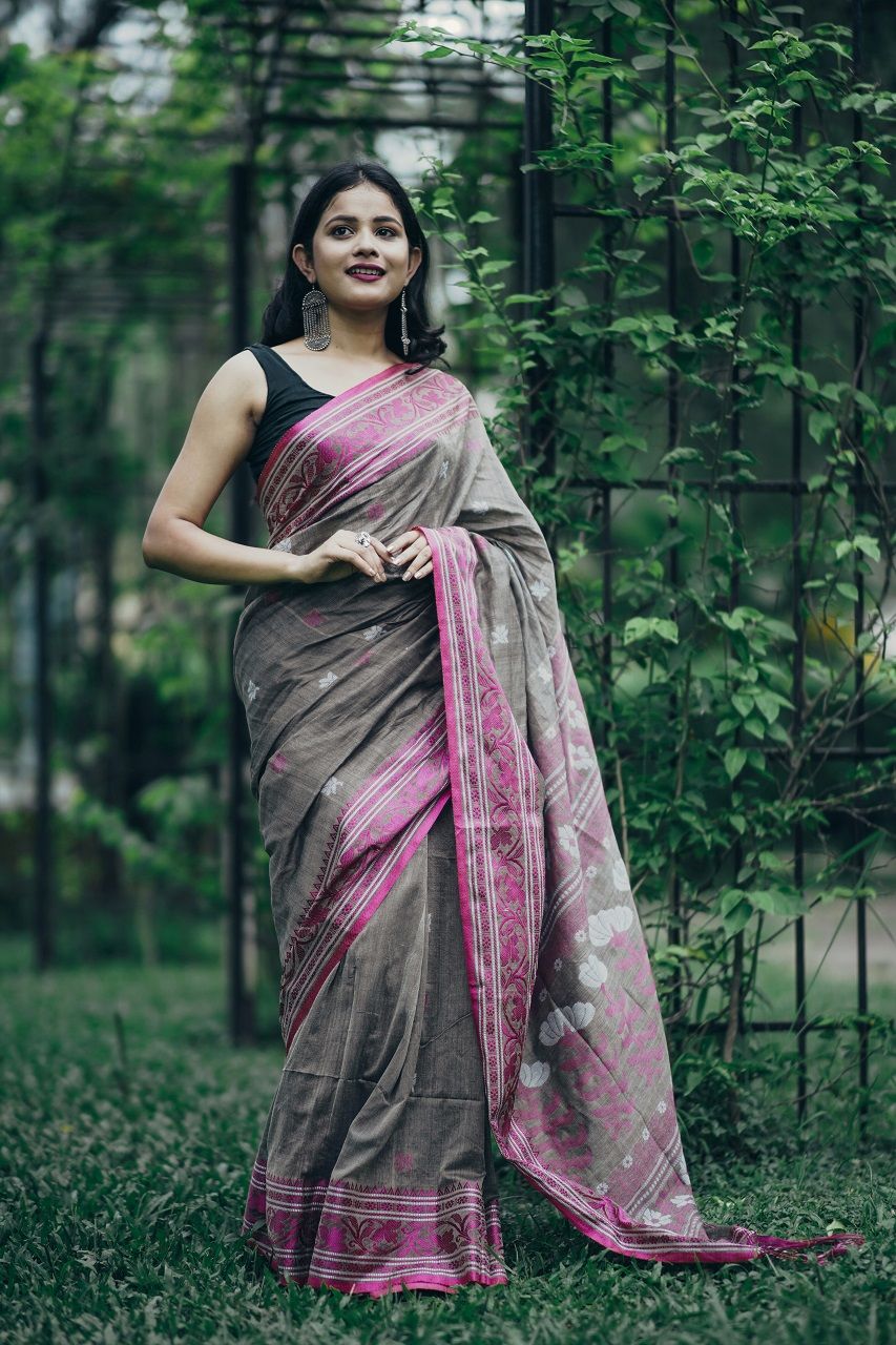 Grey Floral Design Weave Handloom Cotton Saree - Loomfolks