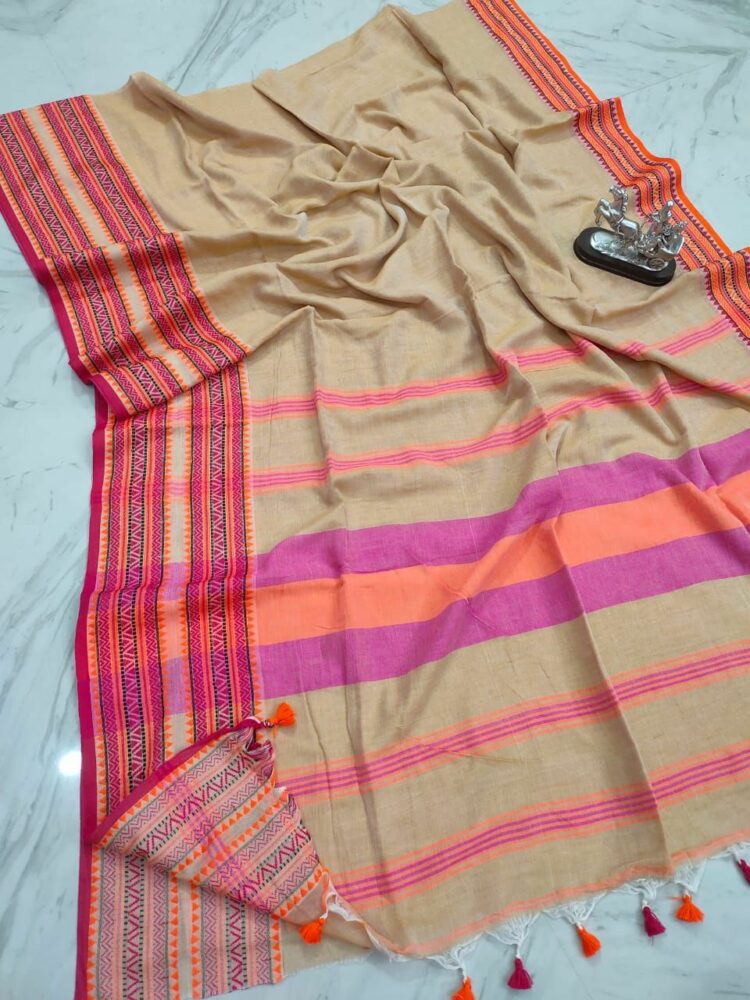 Light Brown Manipuri Pattern Pure Cotton Handloom Saree