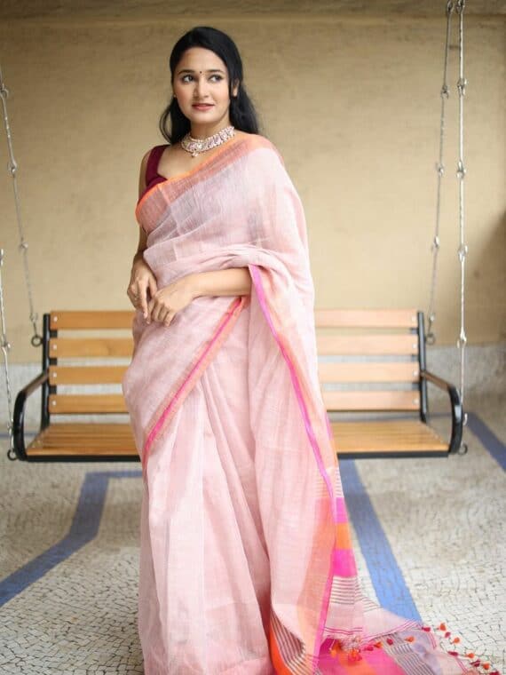 Light Pink Handwoven Tissue Linen Saree With Contrast Border3