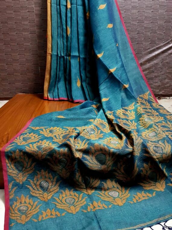 Lovely Light Teal Blue Linen Saree With Leaf Butti Weave