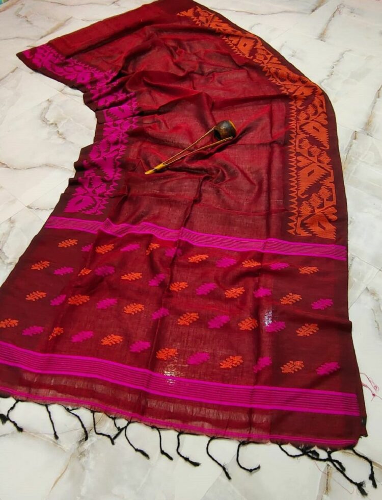 Maroon Dhakai Jamdani Weave Handloom Linen Saree With Dual Shade Border