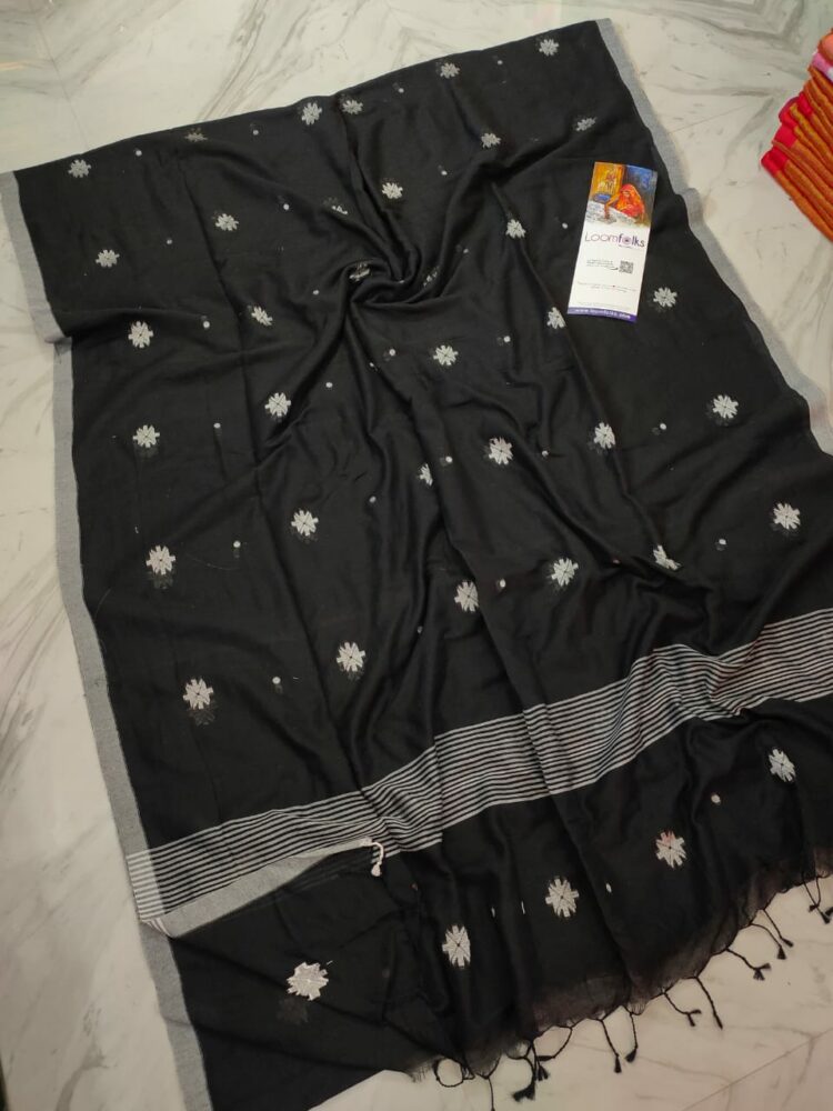 Mesmerizing Black Pure Cotton Star Butti Saree With Grey Borders