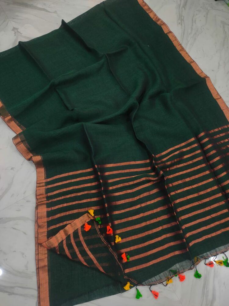 Mighty Bottle Green Plain Linen With Stripped Pallu Contrast Thin Borders