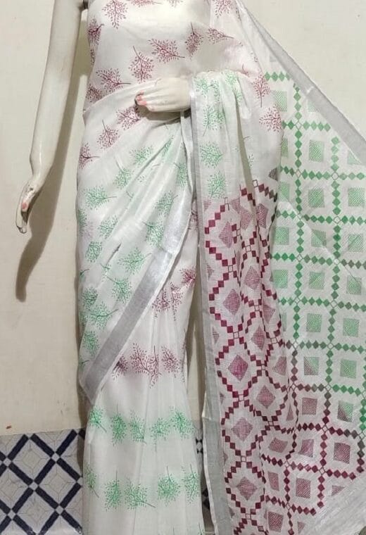Natural White Cotton Slub Printed Saree With Silver Zari Border