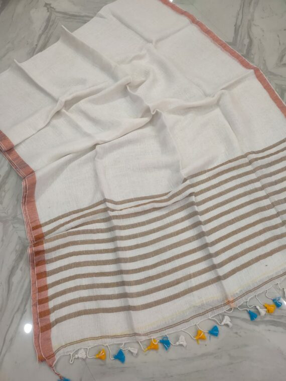 Natural White Plain Linen With Stripped Pallu Contrast Thin Borders