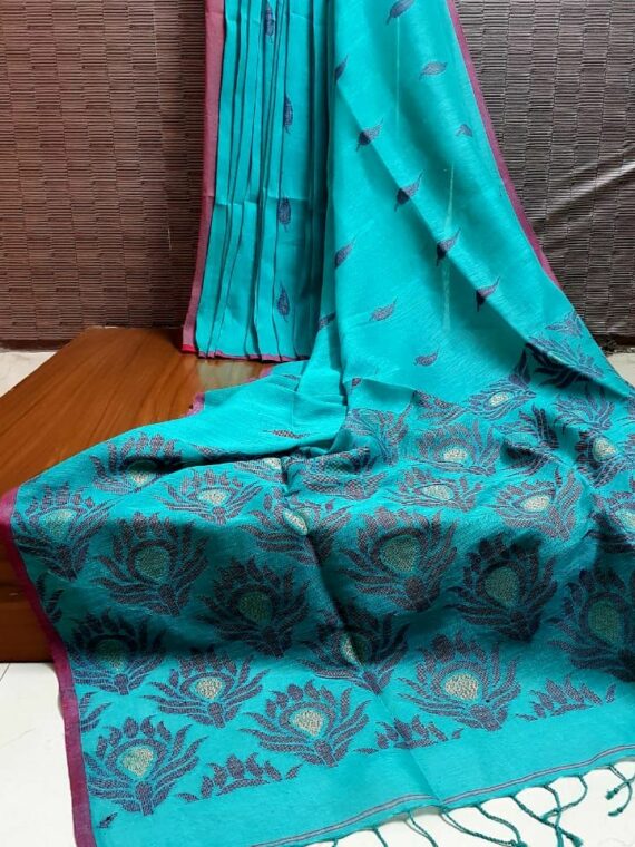 Ocean Blue Linen Saree With Leaf Butti Weave