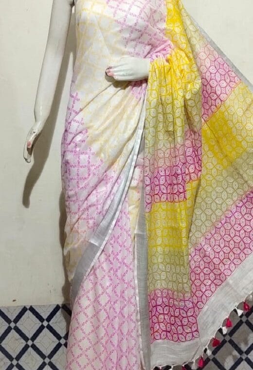 Pearly White Cotton Slub Printed Saree With Yellow Pink Blend