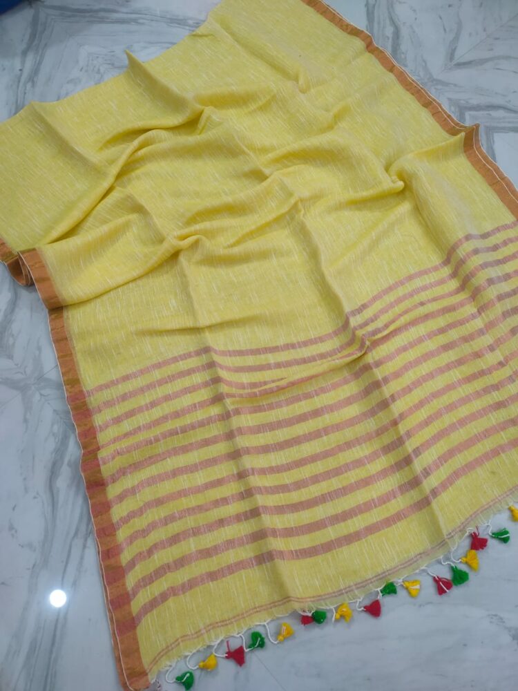 Pleasant Yellow Plain Linen With Stripped Pallu Contrast Thin Borders