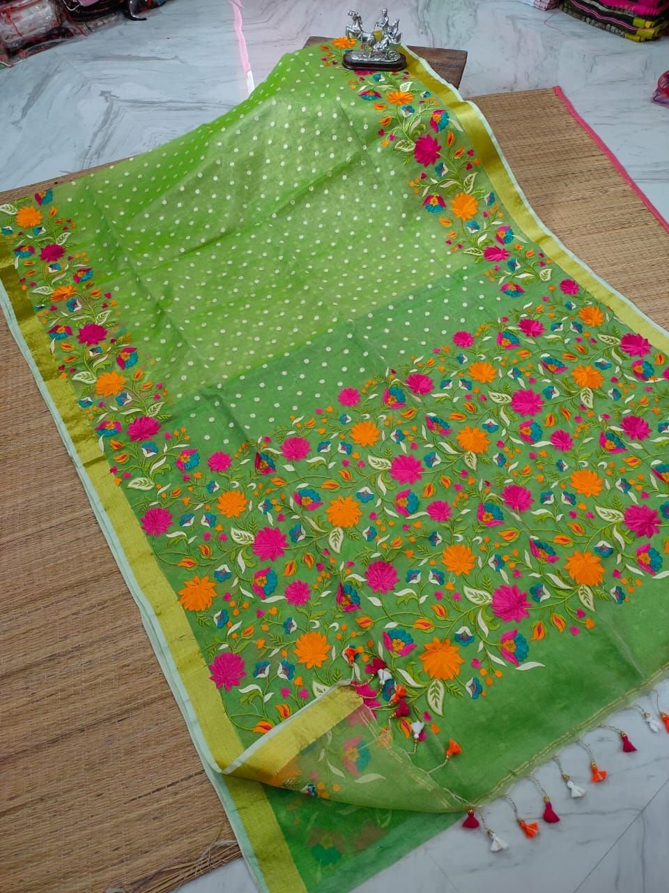 Orange Paisley Resham Thread Embroidery Cotton Tussar Saree