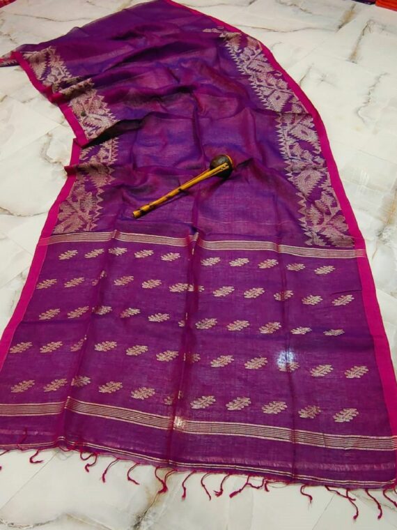 Purple Dhakai Jamdani Weave Handloom Linen Saree With Dark Pink Border