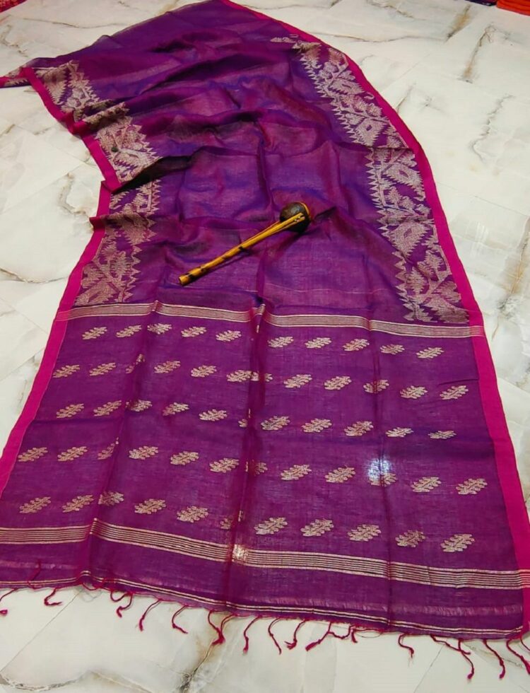 Purple Dhakai Jamdani Weave Handloom Linen Saree With Dark Pink Border