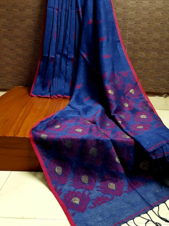 Ravishing Blue Linen Saree With Leaf Butti Weave