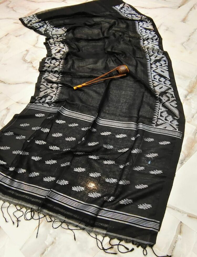 Rich Black Dhakai Jamdani Weave Handloom Linen Saree