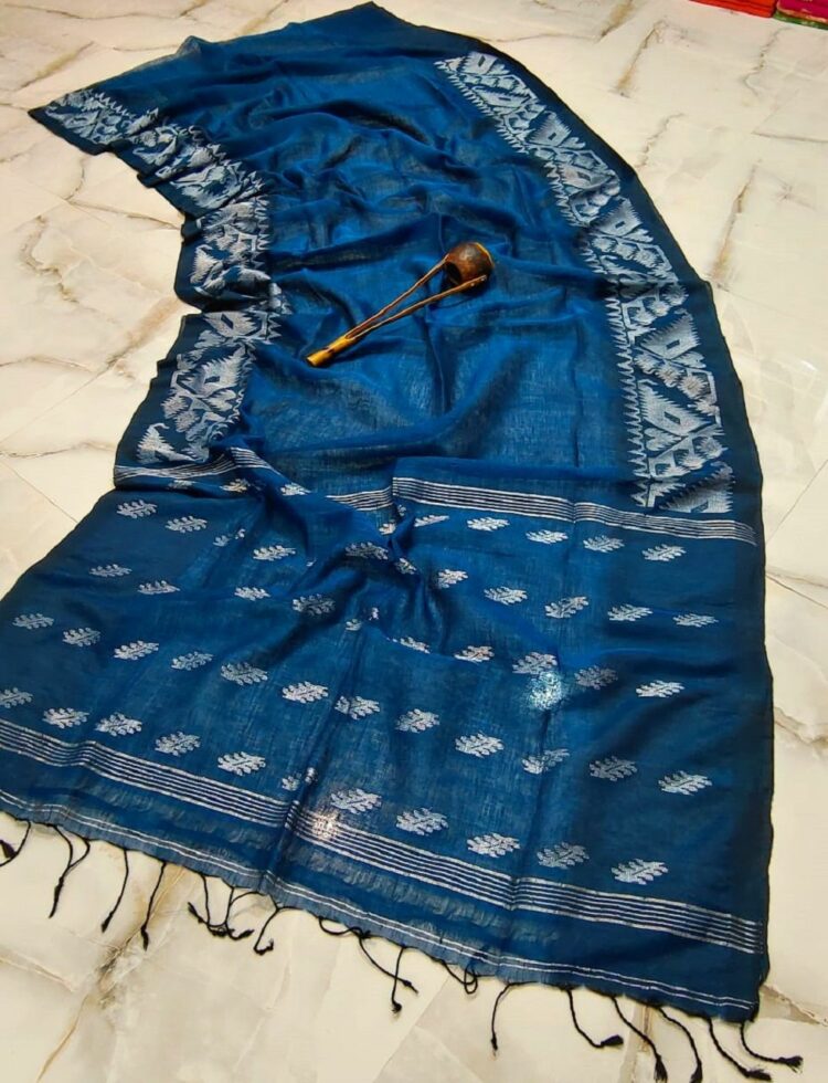 Royal Blue Dhakai Jamdani Weave Handloom Linen Saree