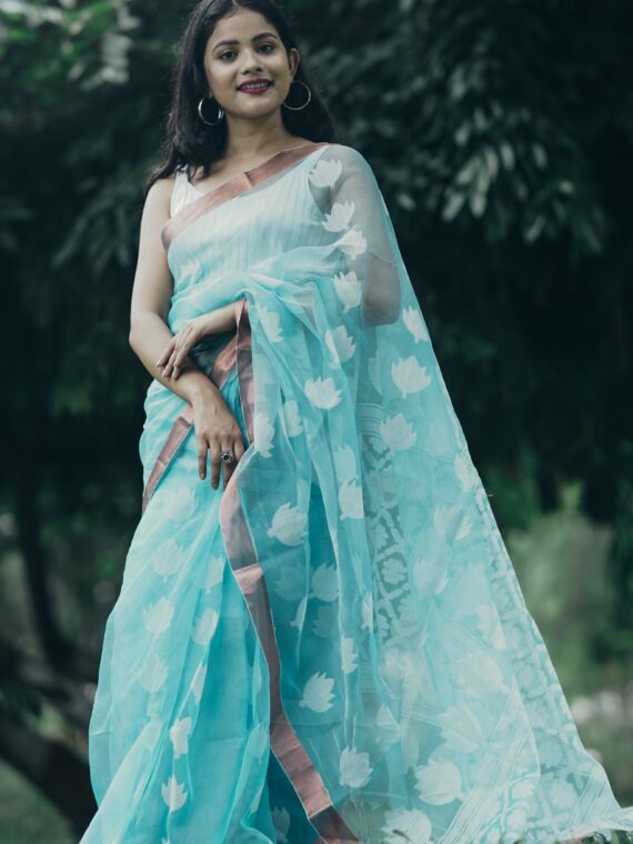 Sky Blue Tulip Design Handwoven Pure Resham Muslin Saree11