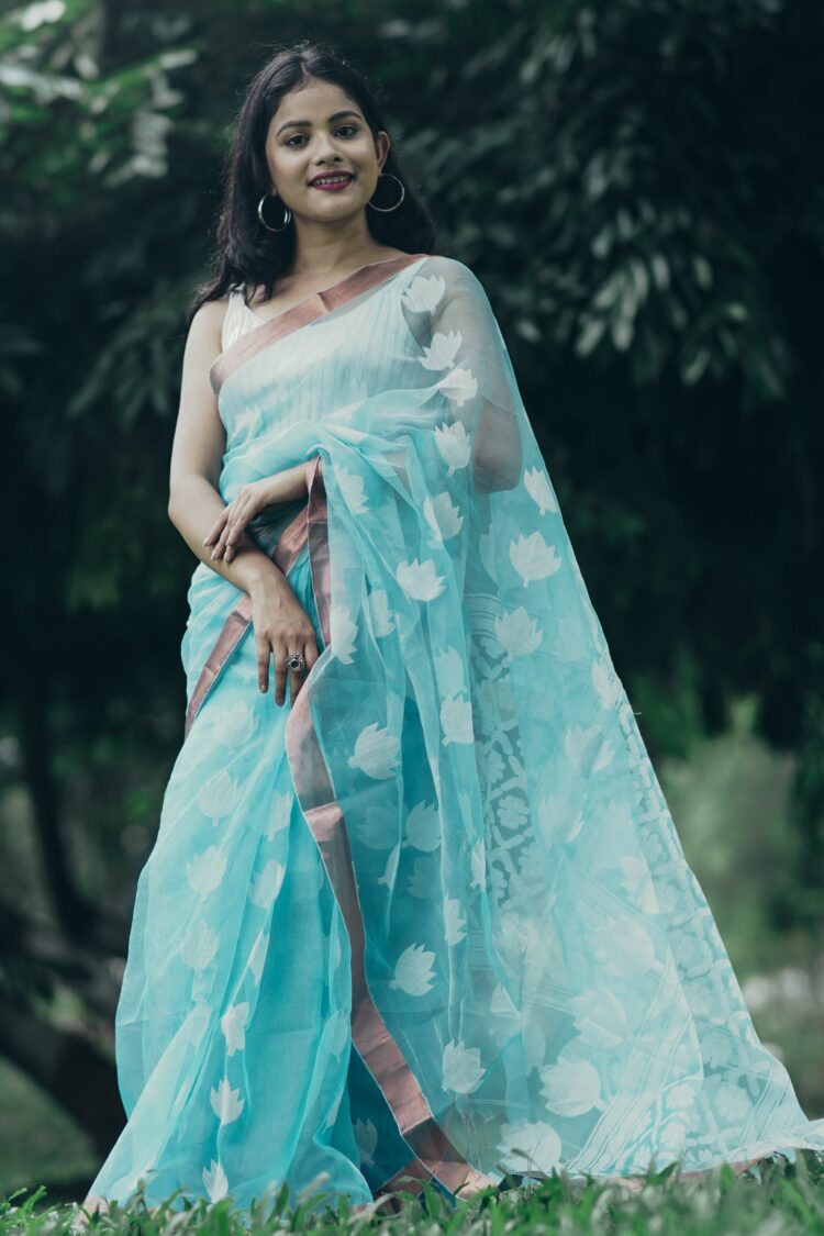 sky blue muslin saree