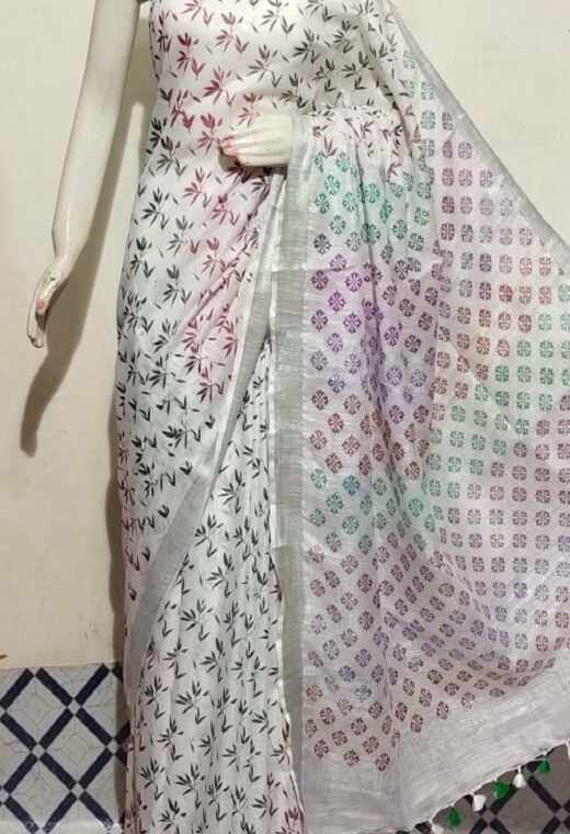 Snowy White Cotton Slub Printed Saree With Black Red Green Blend